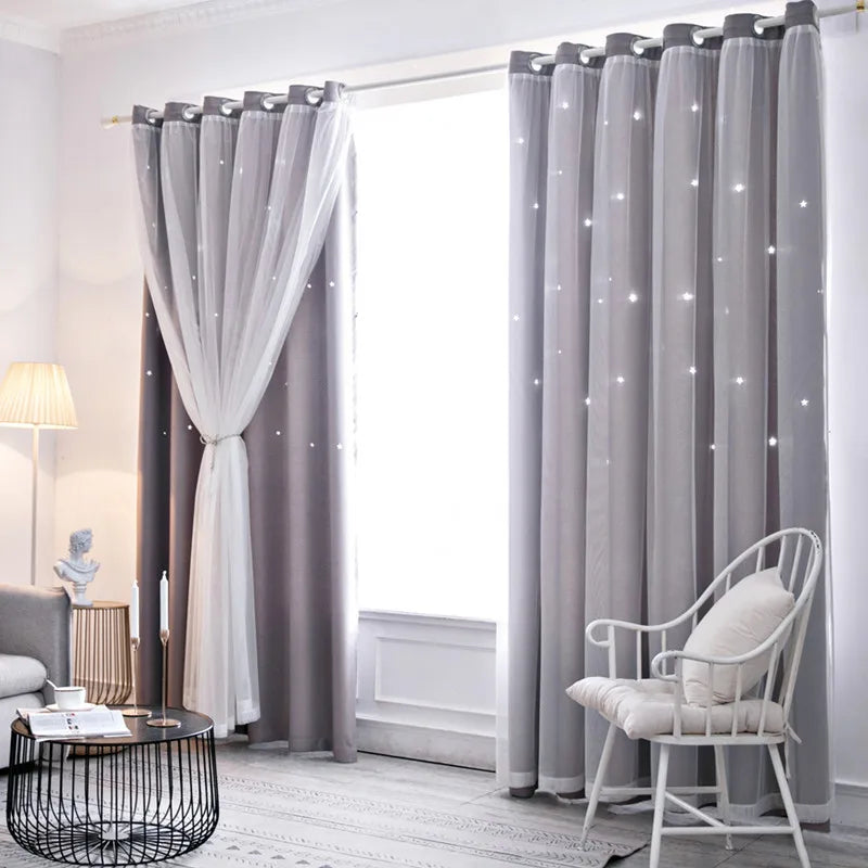 Double Layer Sheer Kids Curtains - Romantic Star Design Drapes for Living Room Bedroom - ZOOMNSTORE