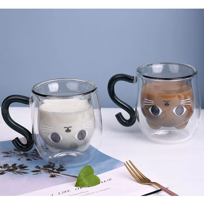 Double Walled Cat Mug – Cute Glass Coffee Cup with Lid | Insulated Tea Cup - ZOOMNSTORE