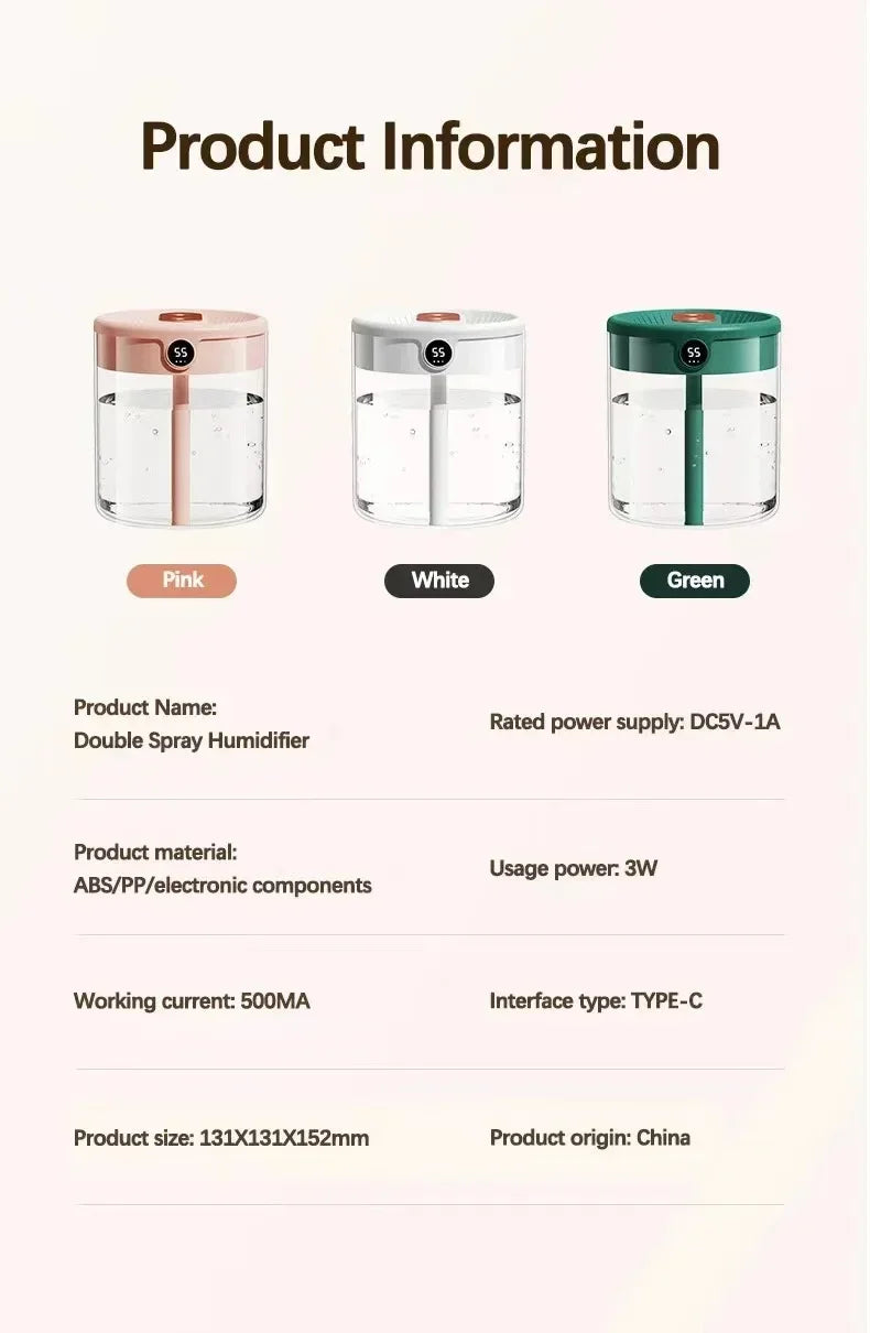 2L USB Humidifier - Quiet LED Night Light Diffuser for Home Office - ZOOMNSTORE