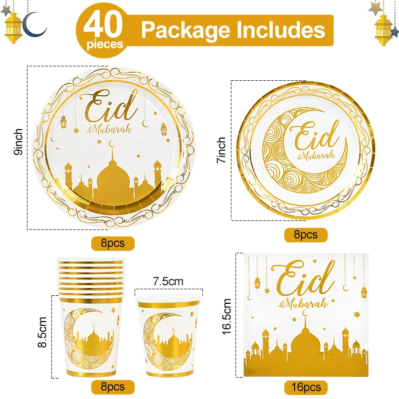 Eid Mubarak Party Supplies - Gold Disposable Tableware Cups Banners Gift Bags - ZOOMNSTORE