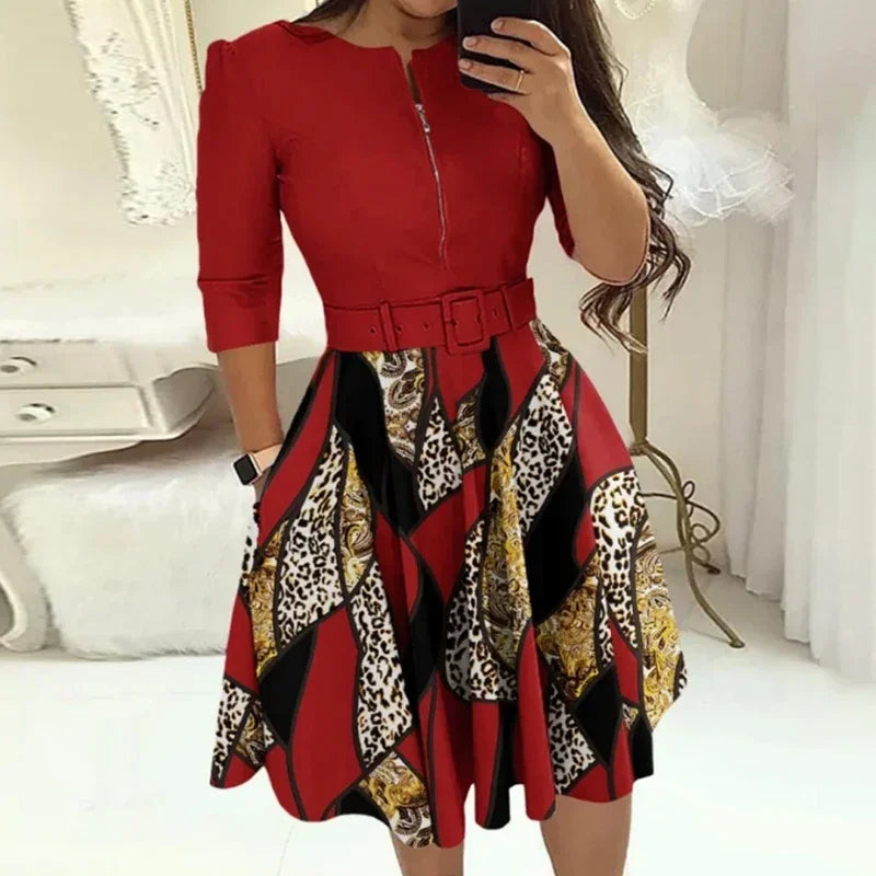 Elegant A-line Patchwork Dress - Womens AutumnWinter Party Office Dress - ZOOMNSTORE