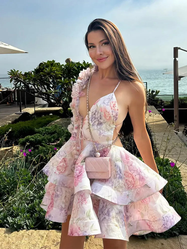 Elegant Backless Party Dress - 3D Flower Print A-line Mini Evening Dress for Women - ZOOMNSTORE