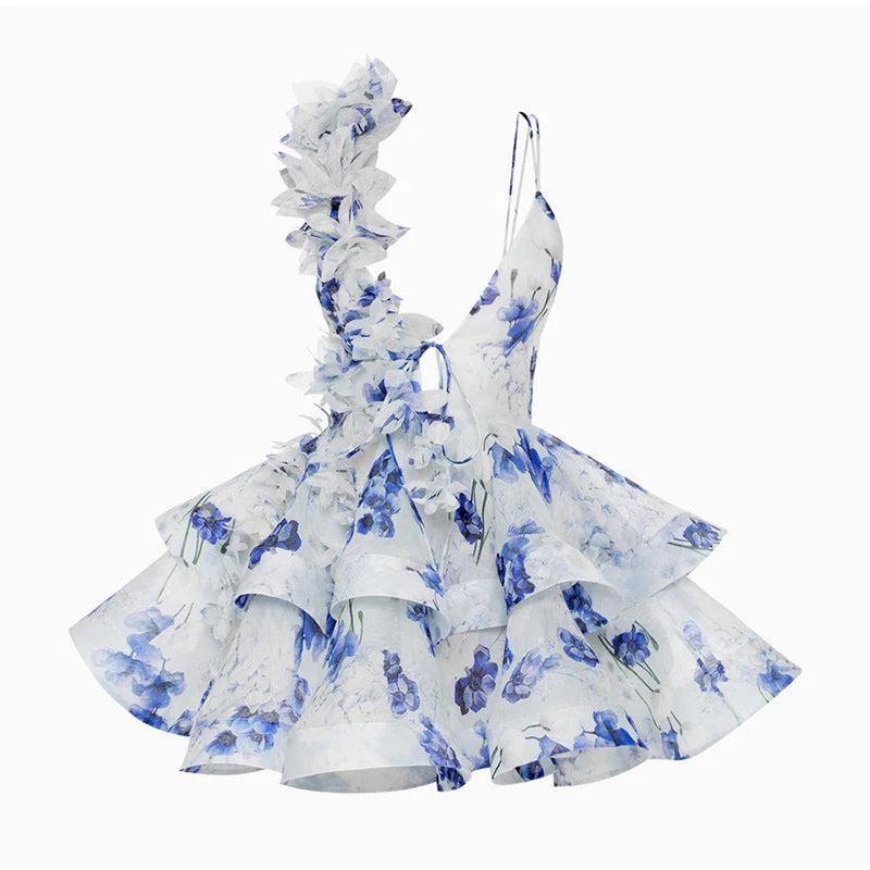 Elegant Backless Party Dress - 3D Flower Print A-line Mini Evening Dress for Women - ZOOMNSTORE