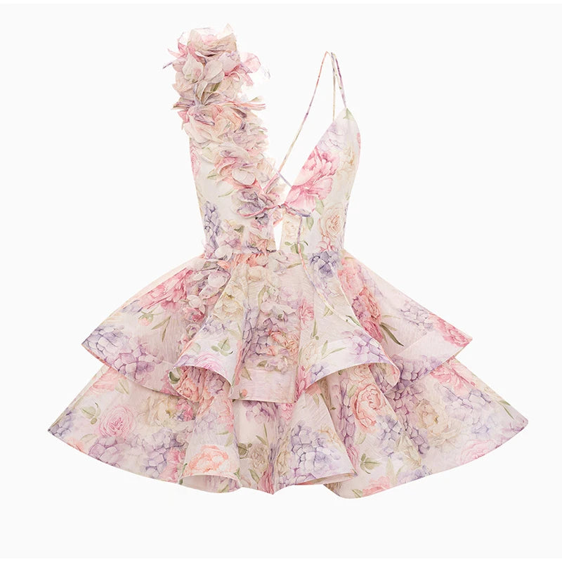 Elegant Backless Party Dress - 3D Flower Print A-line Mini Evening Dress for Women - ZOOMNSTORE