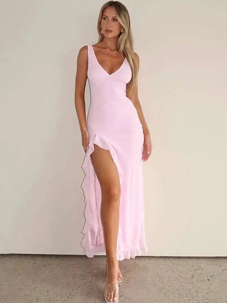 Elegant Backless Ruffle High Split Midi Dress - Summer Party Evening Wear 2024 - ZOOMNSTORE
