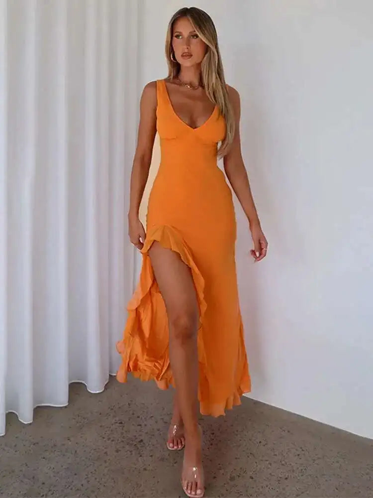 Elegant Backless Ruffle High Split Midi Dress - Summer Party Evening Wear 2024 - ZOOMNSTORE