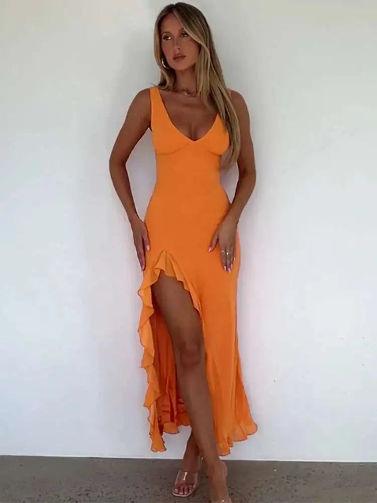Elegant Backless Ruffle High Split Midi Dress - Summer Party Evening Wear 2024 - ZOOMNSTORE