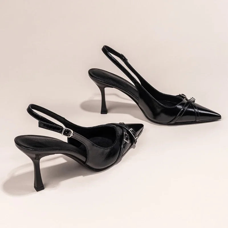Elegant Black High-Heeled Stiletto Shoes with Buckle - Womens Summer Fashion - ZOOMNSTORE