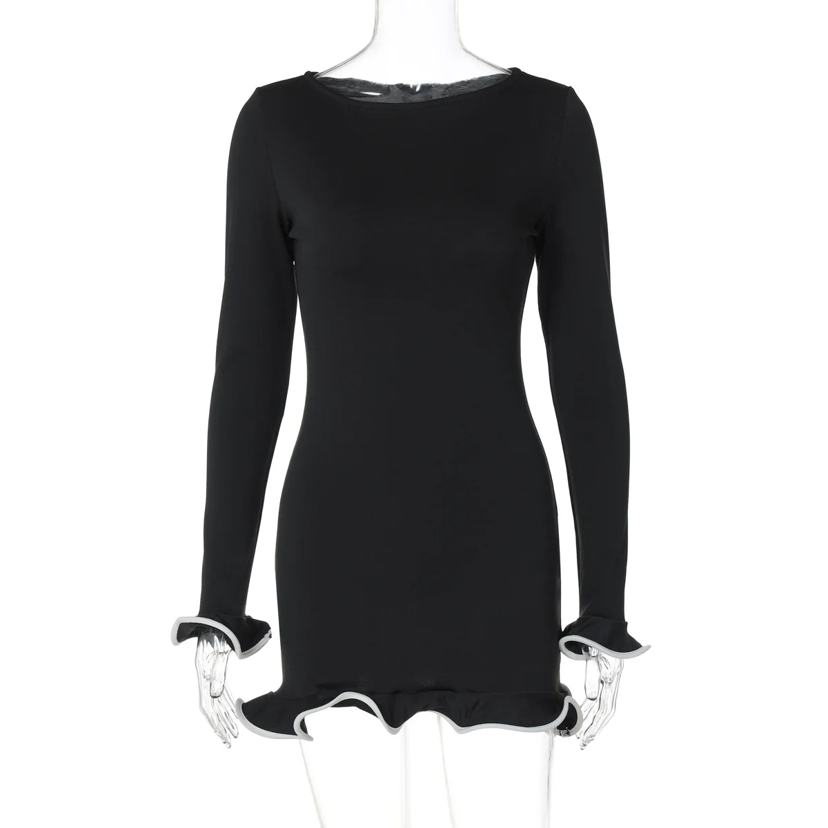Elegant Bodycon Mini Dress - O-Neck Long Sleeves Ruffles for Party Streetwear - ZOOMNSTORE