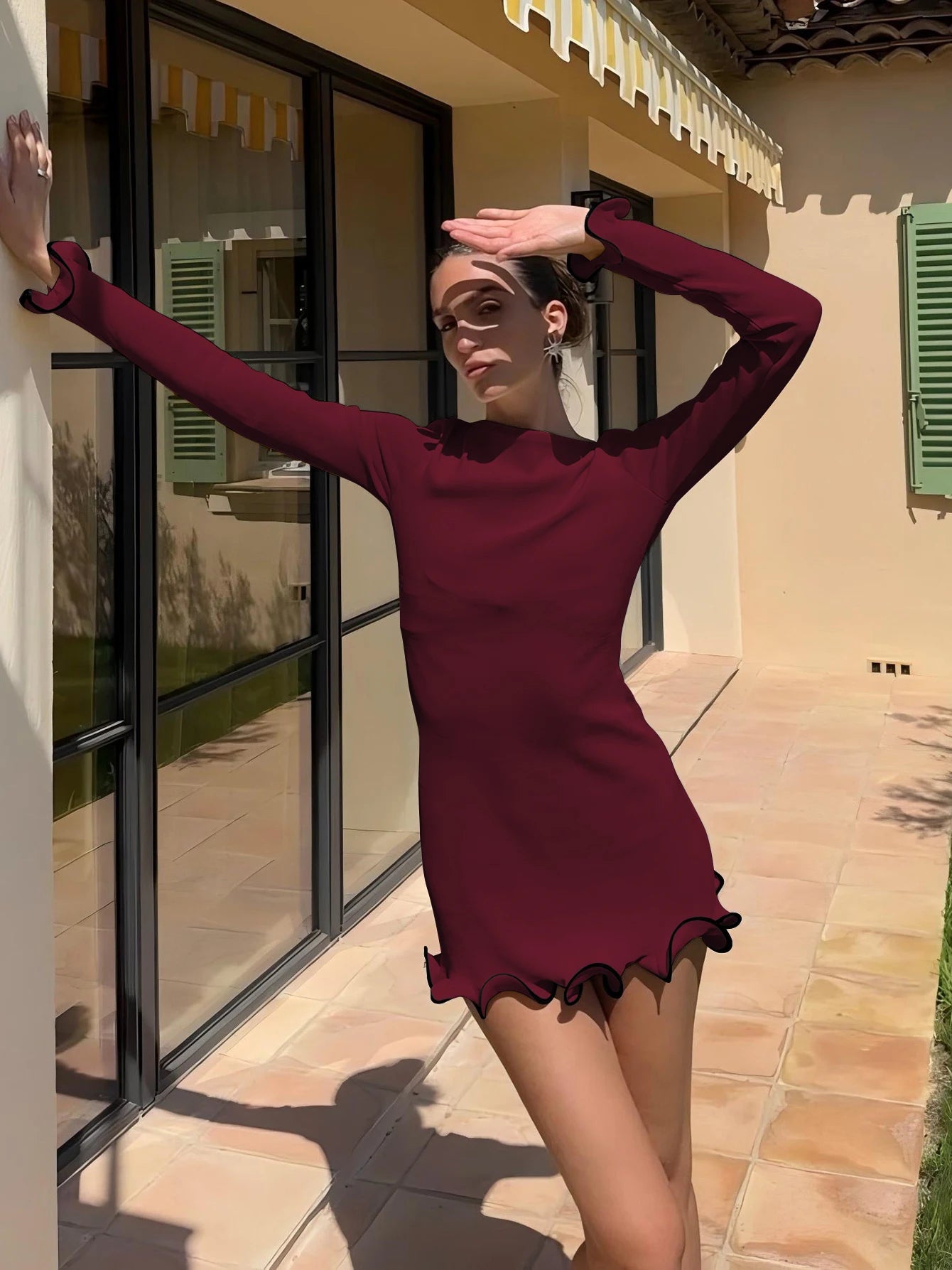 Elegant Bodycon Mini Dress - O-Neck Long Sleeves Ruffles for Party Streetwear - ZOOMNSTORE