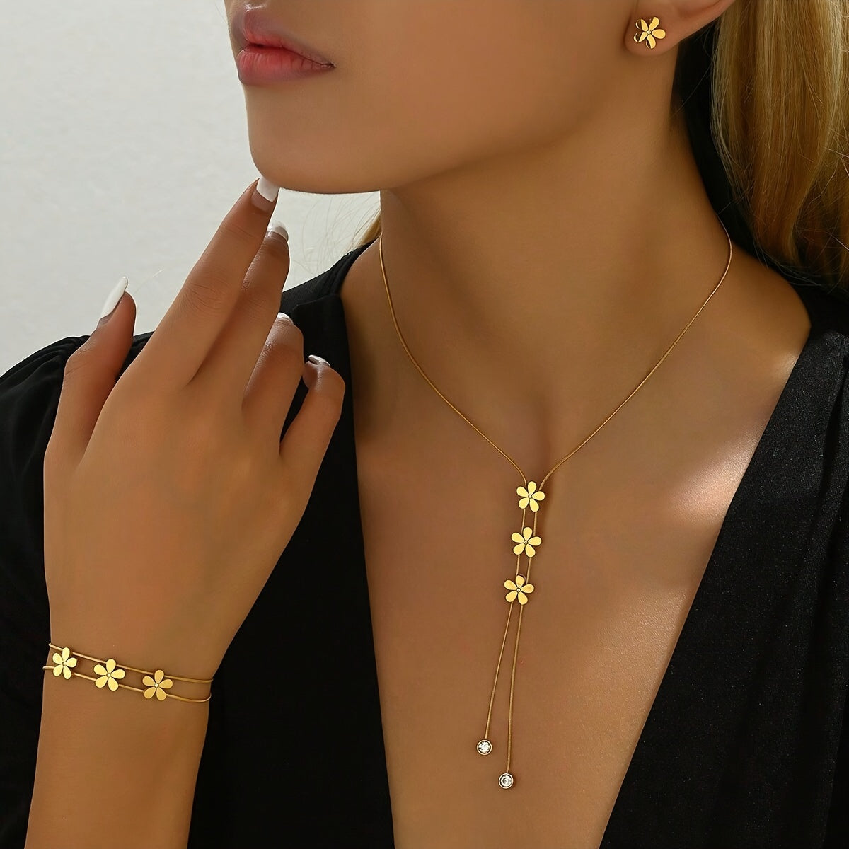 Elegant Golden Flower Beads Jewelry Set - Earrings Bracelet Necklace for Special Occasions - ZOOMNSTORE