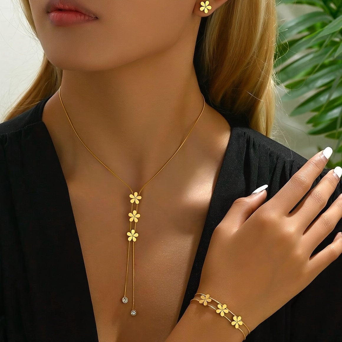 Elegant Golden Flower Beads Jewelry Set - Earrings Bracelet Necklace for Special Occasions - ZOOMNSTORE