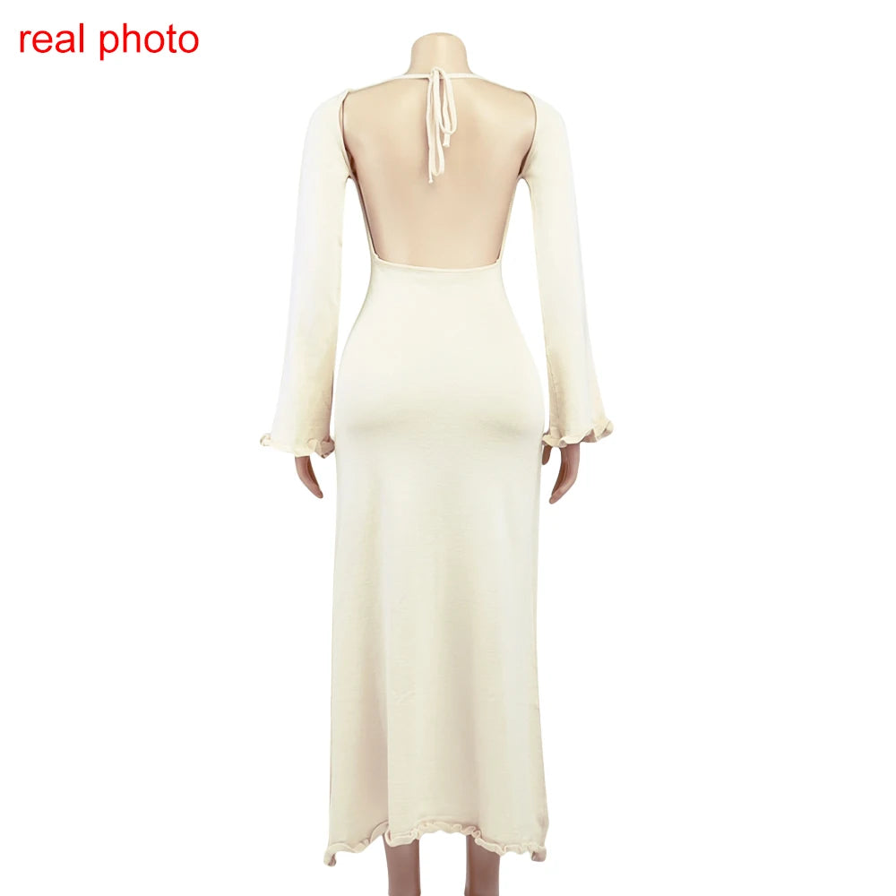 Elegant Knitted Maxi Dress - Backless Flare Sleeve Sweater Outfit for Women - ZOOMNSTORE