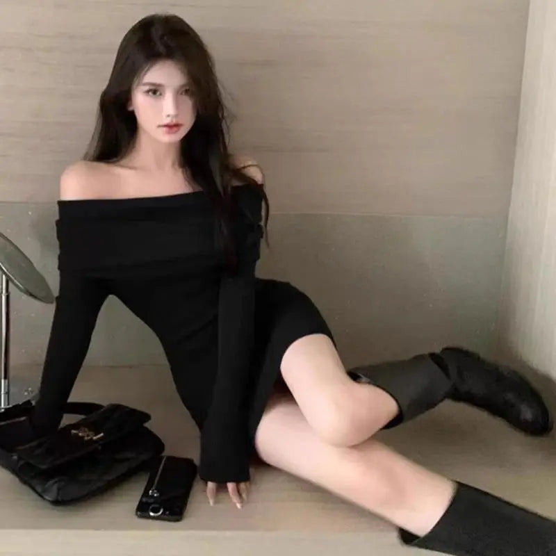 Elegant Off Shoulder Mini Dress - Long Sleeve Bodycon Sweater Dress for Women - ZOOMNSTORE