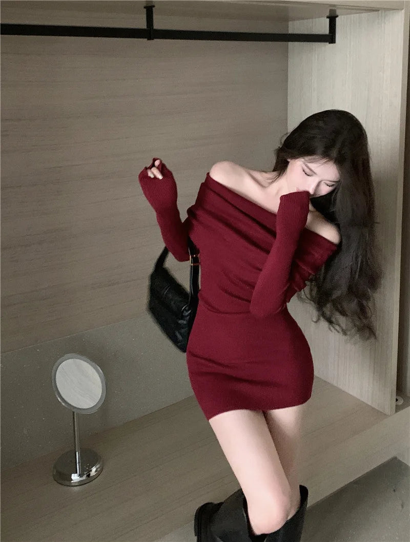 Elegant Off Shoulder Mini Dress - Long Sleeve Bodycon Sweater Dress for Women - ZOOMNSTORE