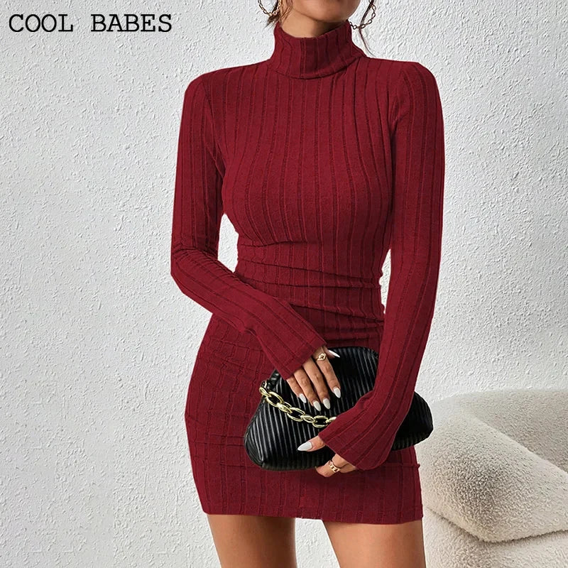Elegant Turtleneck Mini Dress - Womens Bodycon Club Dress for Autumn Winter - ZOOMNSTORE