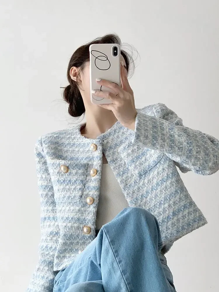 Elegant Tweed Cardigan - Womens Short Coat with Pocket Single Breasted Jacket Autumn Winter Outwear 2024 - ZOOMNSTORE