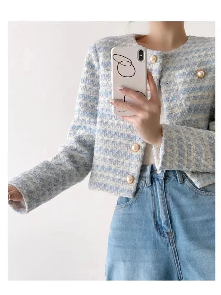 Elegant Tweed Cardigan - Womens Short Coat with Pocket Single Breasted Jacket Autumn Winter Outwear 2024 - ZOOMNSTORE