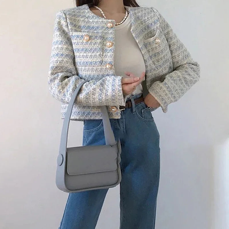 Elegant Tweed Cardigan - Womens Short Coat with Pocket Single Breasted Jacket Autumn Winter Outwear 2024 - ZOOMNSTORE