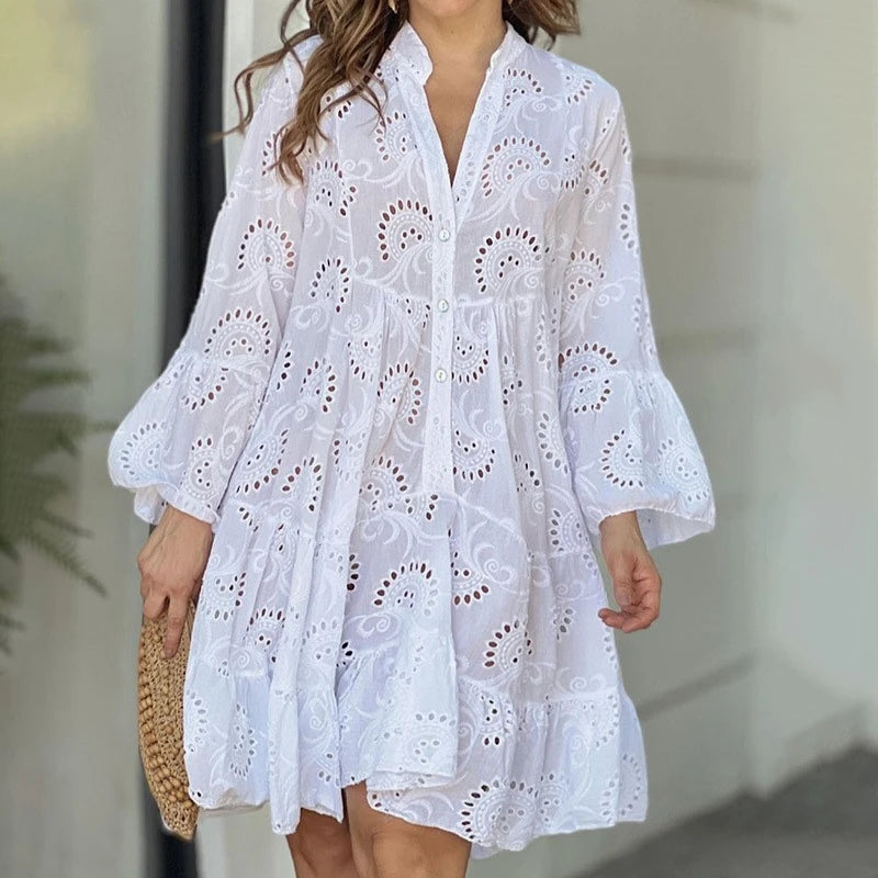 Elegant Vintage Lace Dress - V-neck Hollow Out Mini Beach Dress - ZOOMNSTORE