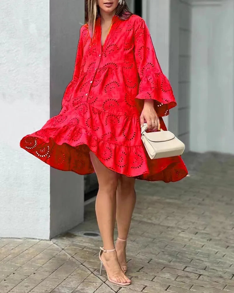 Elegant Vintage Lace Dress - V-neck Hollow Out Mini Beach Dress - ZOOMNSTORE