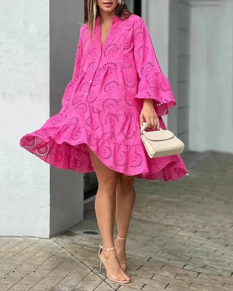 Elegant Vintage Lace Dress - V-neck Hollow Out Mini Beach Dress - ZOOMNSTORE