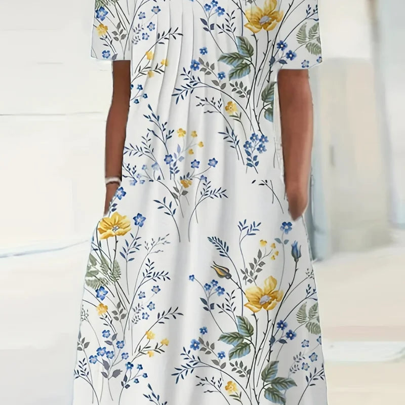 Elegant Womens Printed Dress - Spring Summer Large Skirt Round Neck Short Sleeves - ZOOMNSTORE