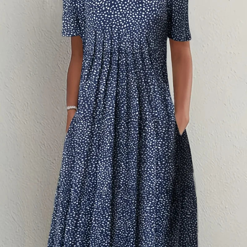 Elegant Womens Printed Dress - Spring Summer Large Skirt Round Neck Short Sleeves - ZOOMNSTORE