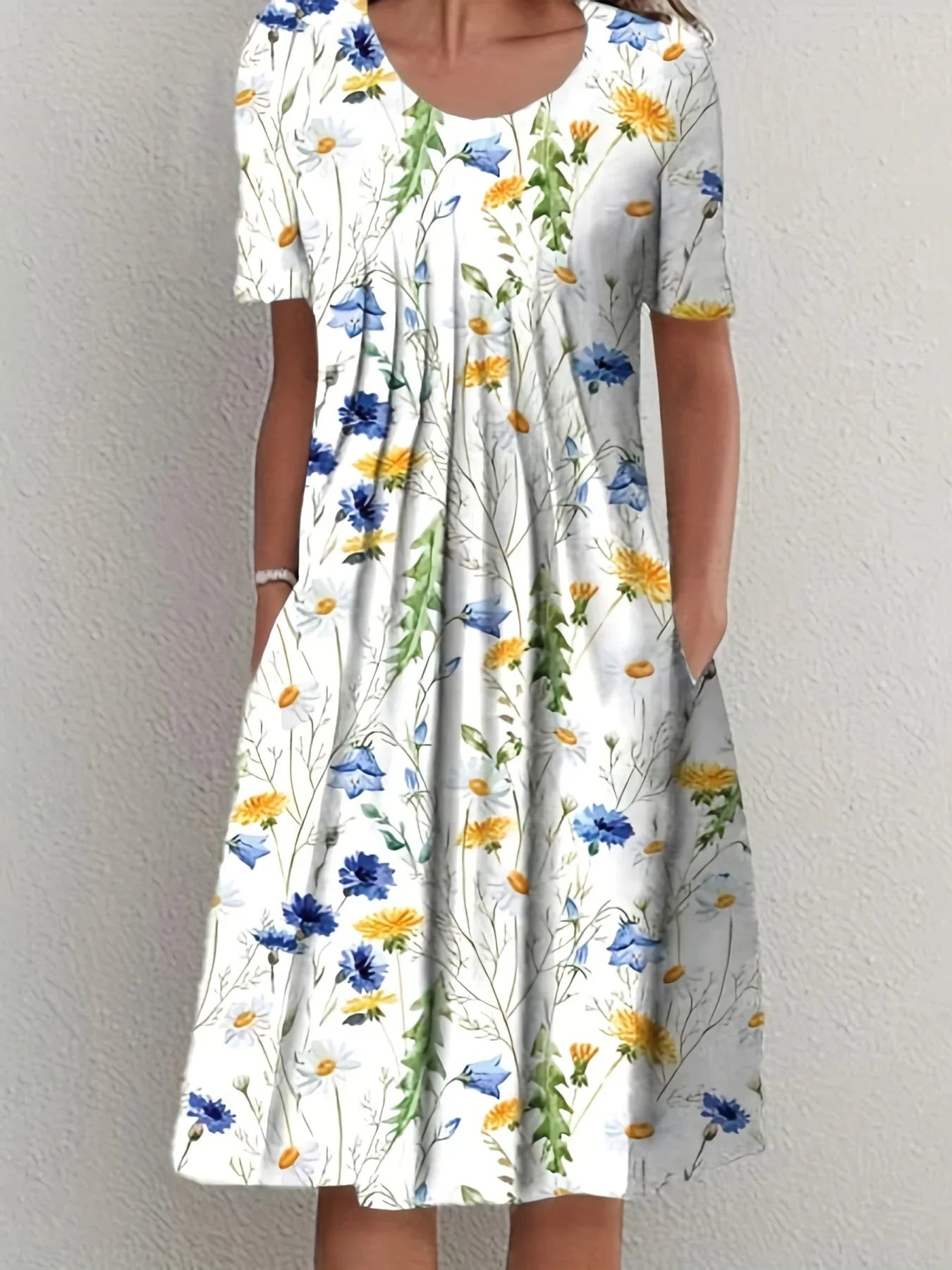 Elegant Womens Printed Dress - Spring Summer Large Skirt Round Neck Short Sleeves - ZOOMNSTORE