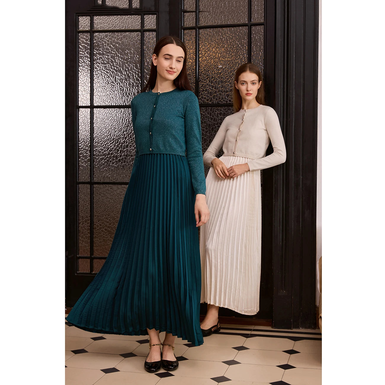 Elegant Womens Shine Cardigan Pleated Slip Dress - Autumn Winter 2026 Collection - ZOOMNSTORE