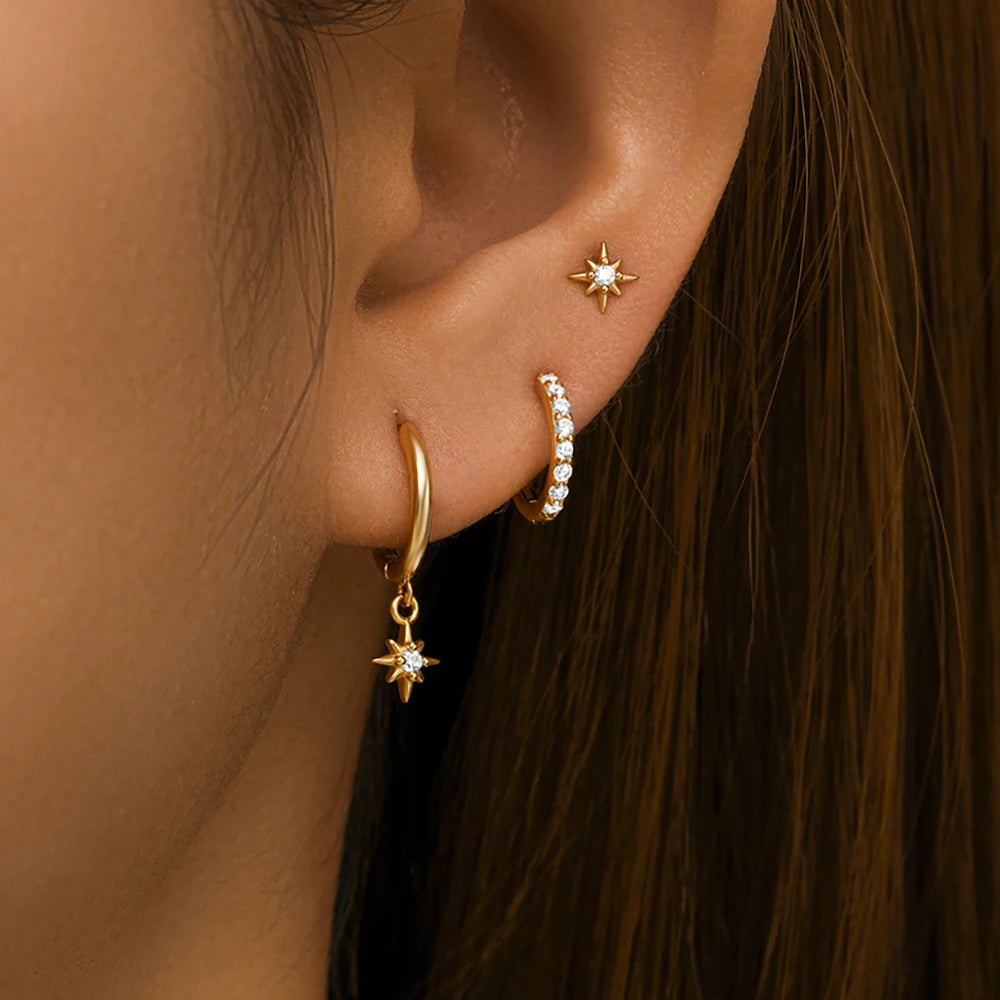 Fashion Stainless Steel Star Drop Earrings Set - 18K Gold Plated Dangle Jewelry for Women - ZOOMNSTORE