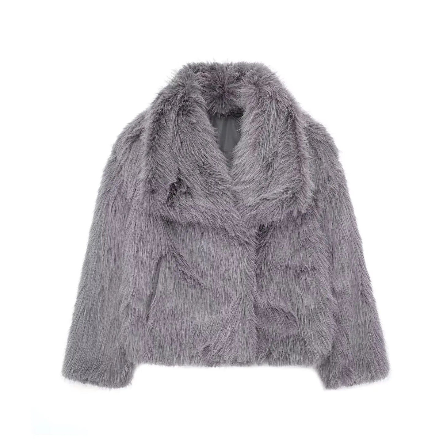 Faux Fur Jacket - Women's Cropped Snap Button Coat With Thick Lapel Collar - ZOOMNSTORE