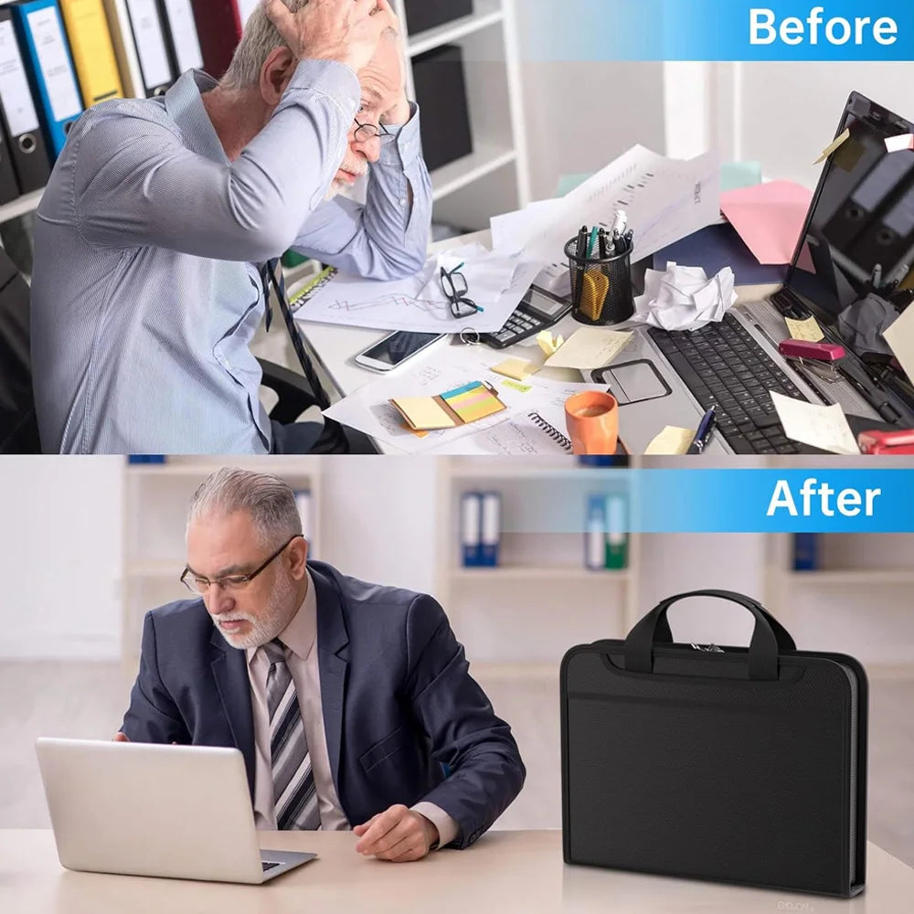 Fireproof Waterproof File Organizer - Black Multi-Compartment Hand Drawer Folder for Home School Office - ZOOMNSTORE