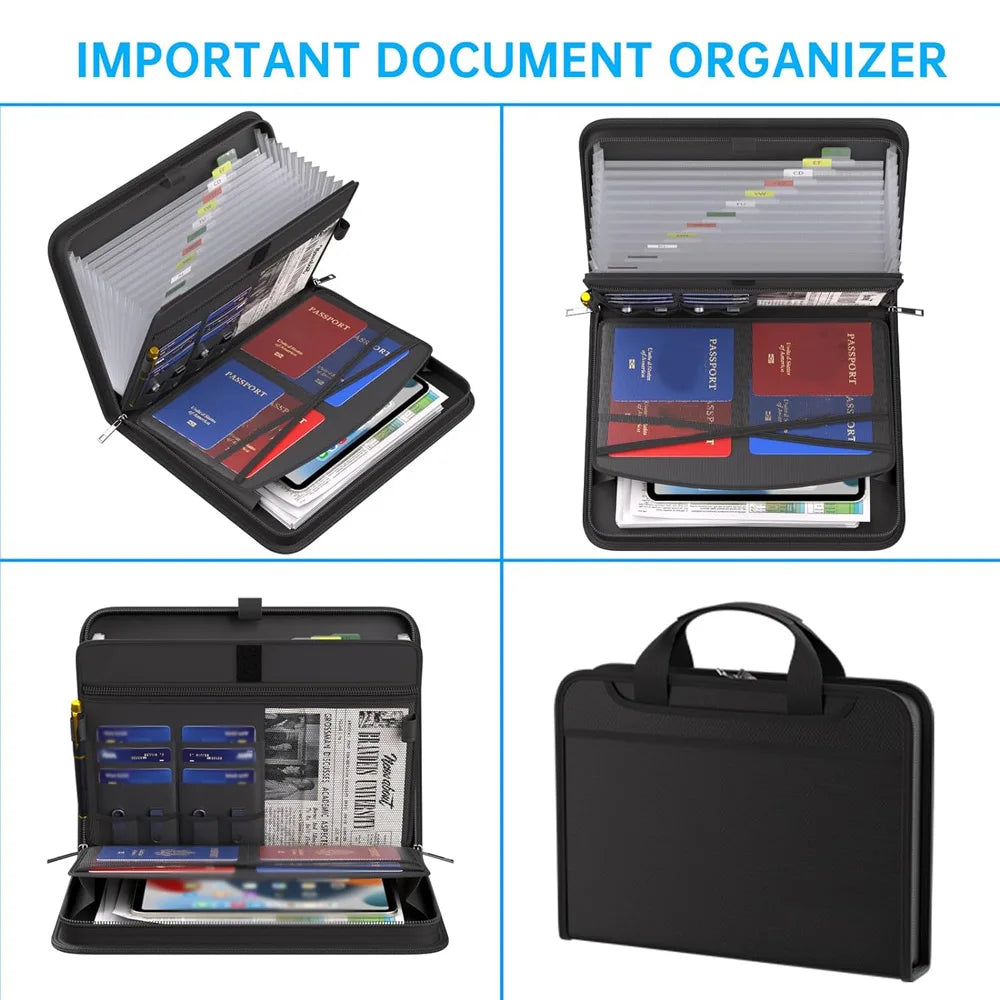 Fireproof Waterproof File Organizer - Black Multi-Compartment Hand Drawer Folder for Home School Office - ZOOMNSTORE
