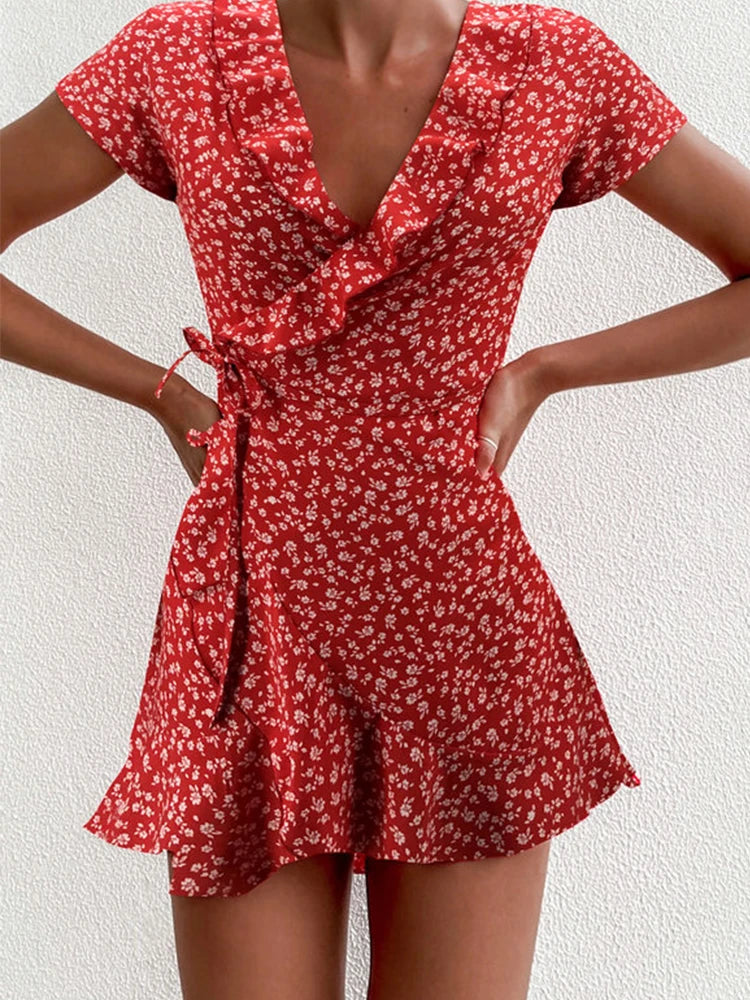 Floral A-Line Dress – Summer Mini Dress With V-Neck Bandage & Ruffles - ZOOMNSTORE