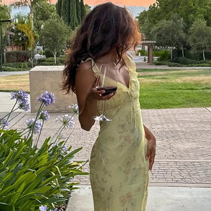 Floral Cami Dress - Backless Bodycon with Ruffle Spaghetti Straps for Party - ZOOMNSTORE