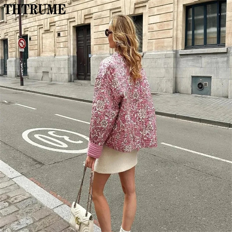 Floral Print Vintage Jacket - Elegant Long Sleeve Quilted Coat for Autumn Winter - ZOOMNSTORE