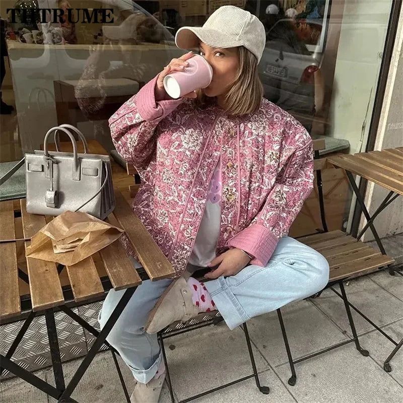 Floral Print Vintage Jacket - Elegant Long Sleeve Quilted Coat for Autumn Winter - ZOOMNSTORE