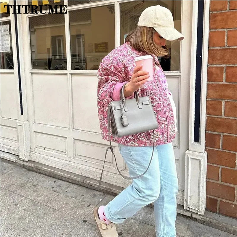 Floral Print Vintage Jacket - Elegant Long Sleeve Quilted Coat for Autumn Winter - ZOOMNSTORE