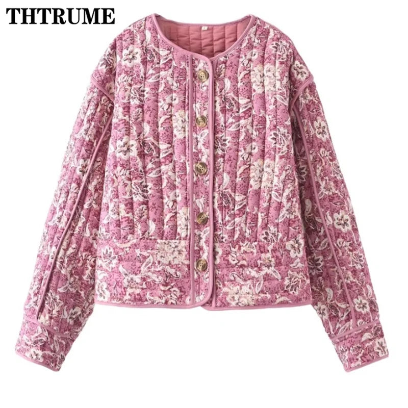 Floral Print Vintage Jacket - Elegant Long Sleeve Quilted Coat for Autumn Winter - ZOOMNSTORE