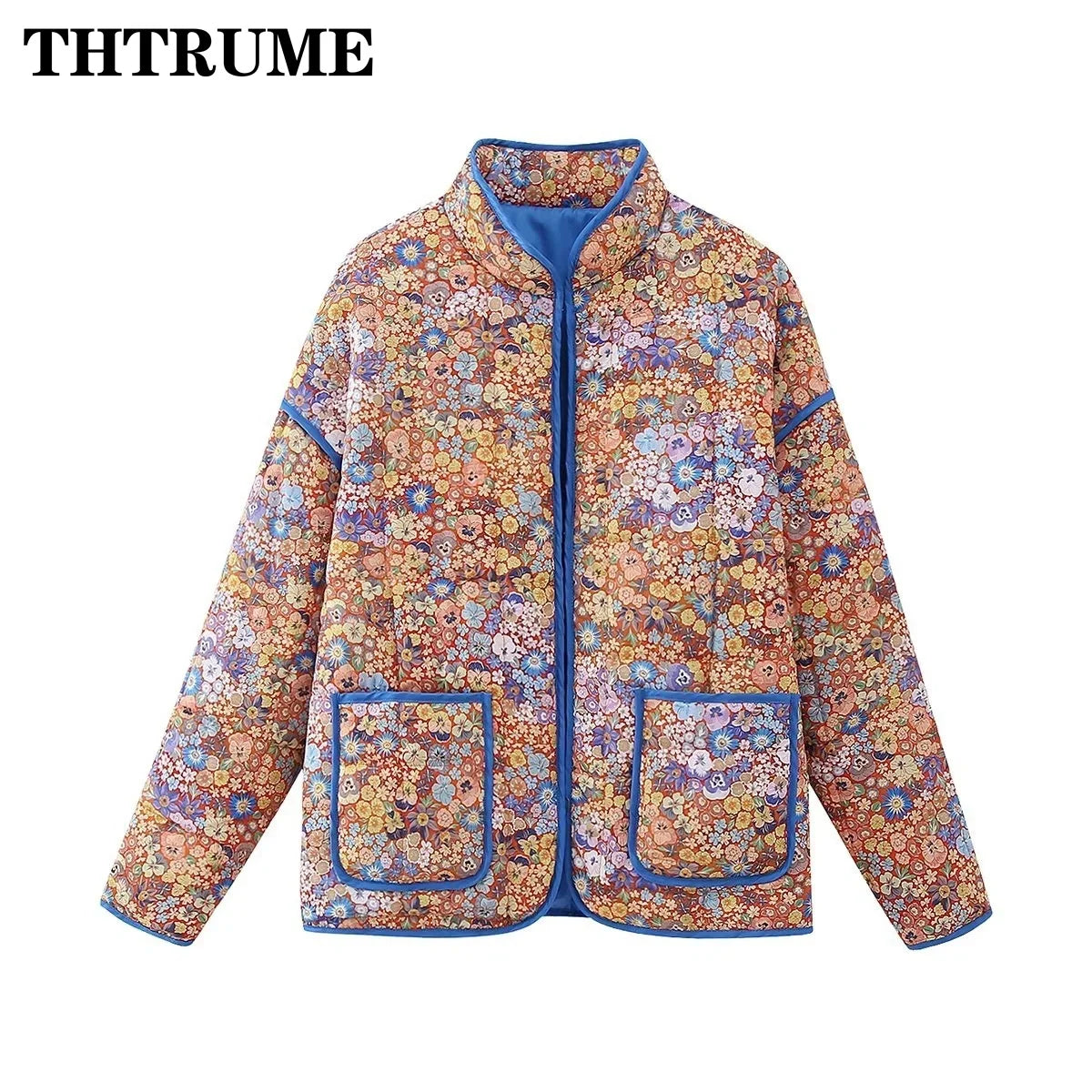 Floral Print Vintage Jacket - Elegant Long Sleeve Quilted Coat for Autumn Winter - ZOOMNSTORE