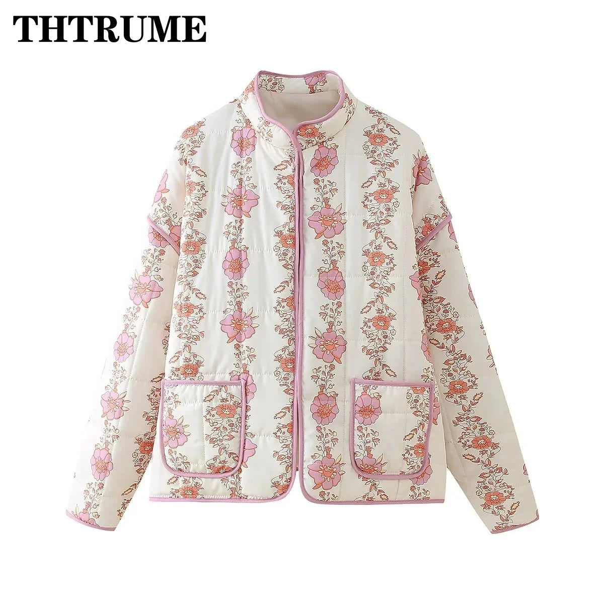 Floral Print Vintage Jacket - Elegant Long Sleeve Quilted Coat for Autumn Winter - ZOOMNSTORE