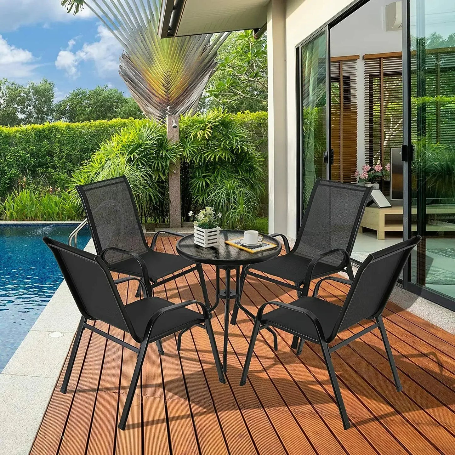 Folding High Back Garden Chairs - 4PCS Steel-Iron Teslin Fabric Outdoor Seating Set Black - ZOOMNSTORE