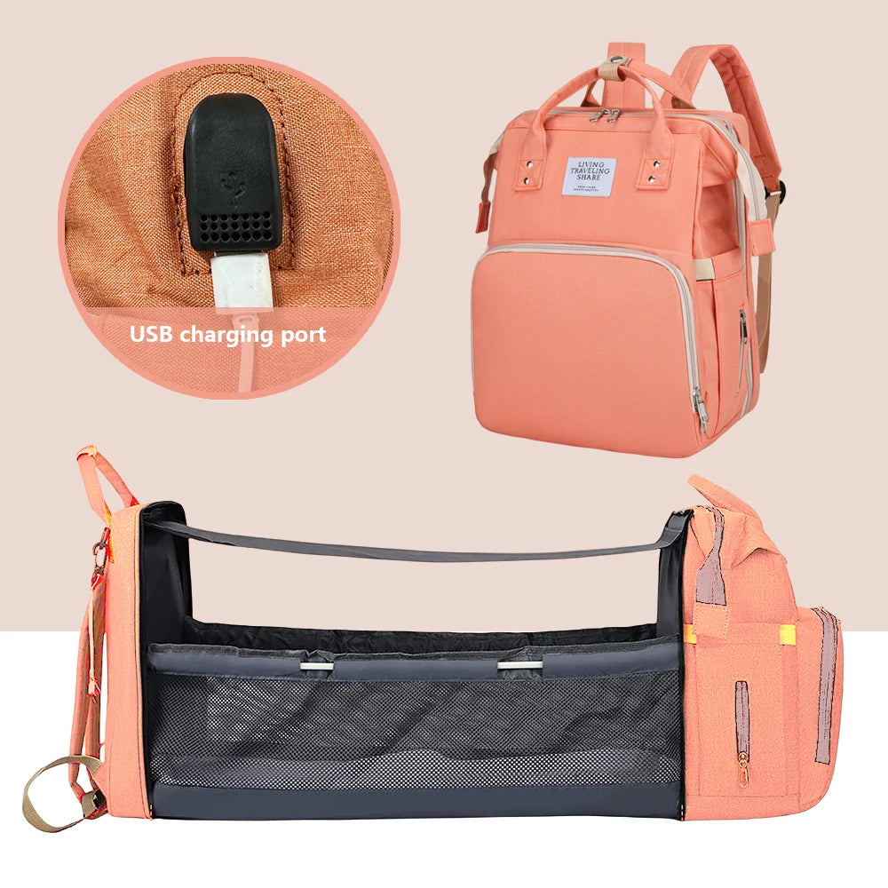 Folding Mommy Bag Lightweight Portable Folding Crib Bed Large-capacity Baby Backpack Female Mommy Outting Bag Mummy Bag - ZOOMNSTORE