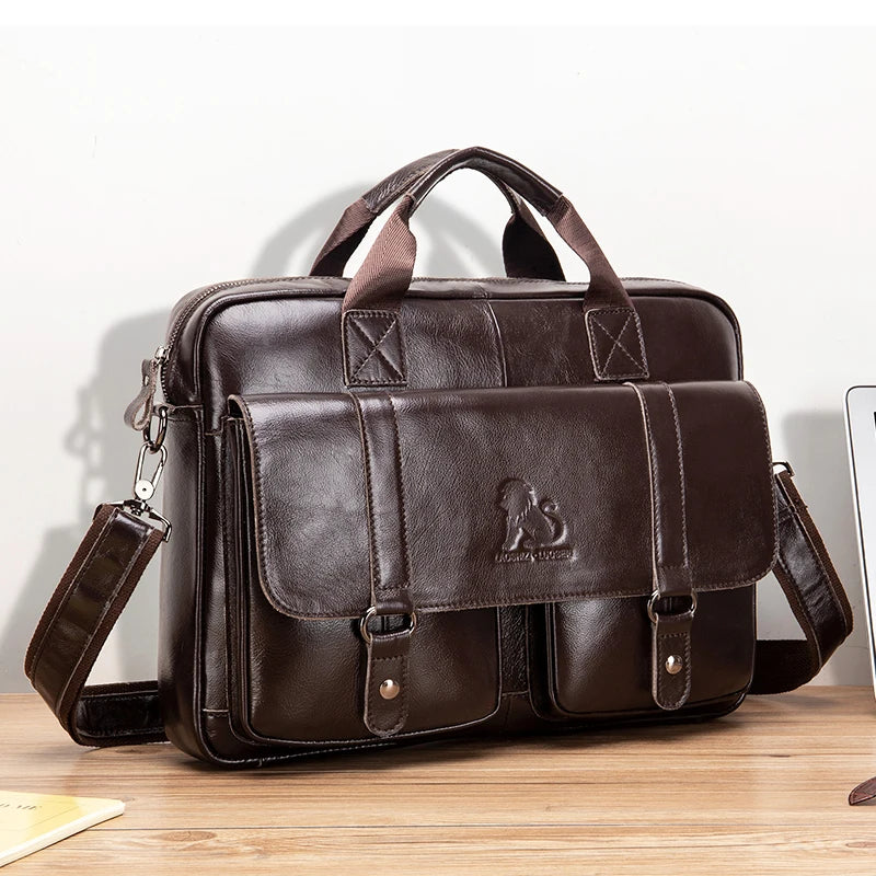 Genuine Leather Mens Briefcase - Large Capacity Computer Bag with Double Front Pockets - ZOOMNSTORE