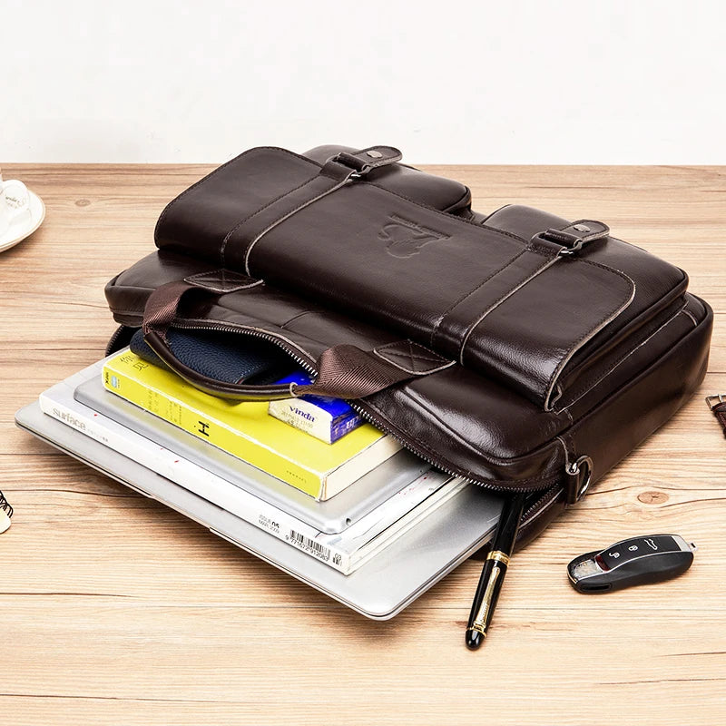 Genuine Leather Mens Briefcase - Large Capacity Computer Bag with Double Front Pockets - ZOOMNSTORE