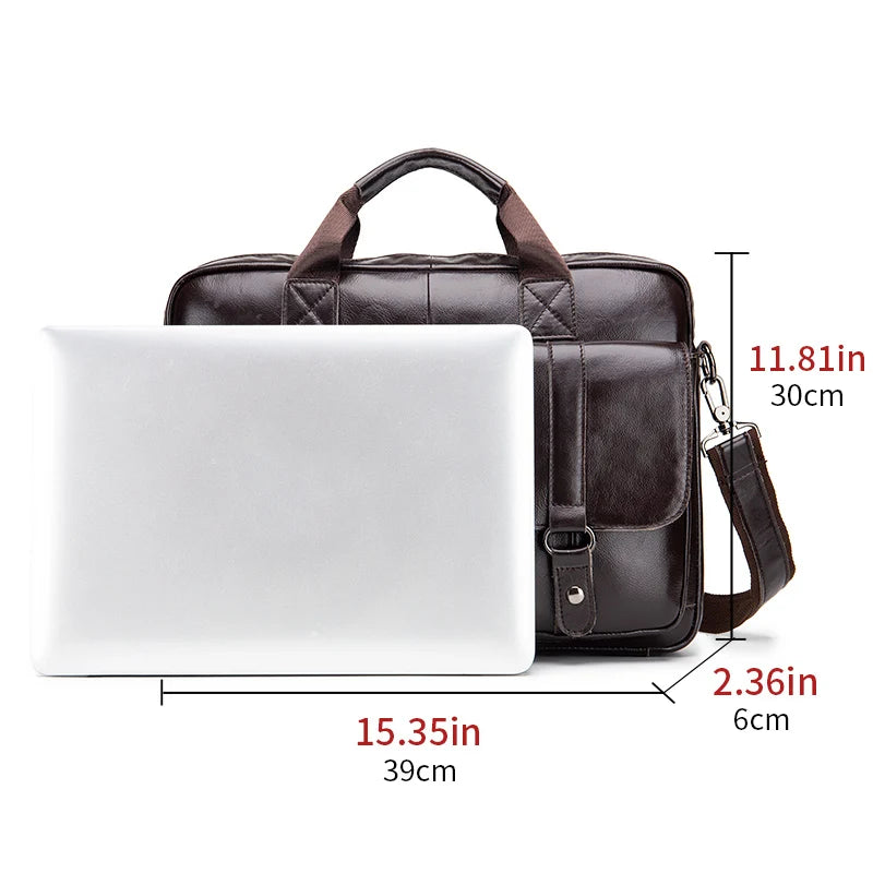 Genuine Leather Mens Briefcase - Large Capacity Computer Bag with Double Front Pockets - ZOOMNSTORE