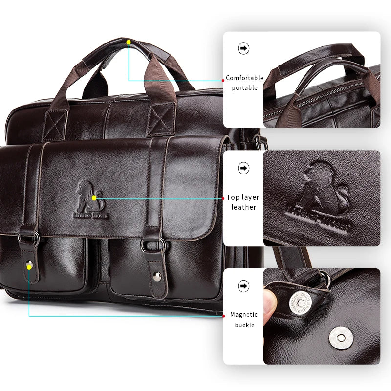 Genuine Leather Mens Briefcase - Large Capacity Computer Bag with Double Front Pockets - ZOOMNSTORE