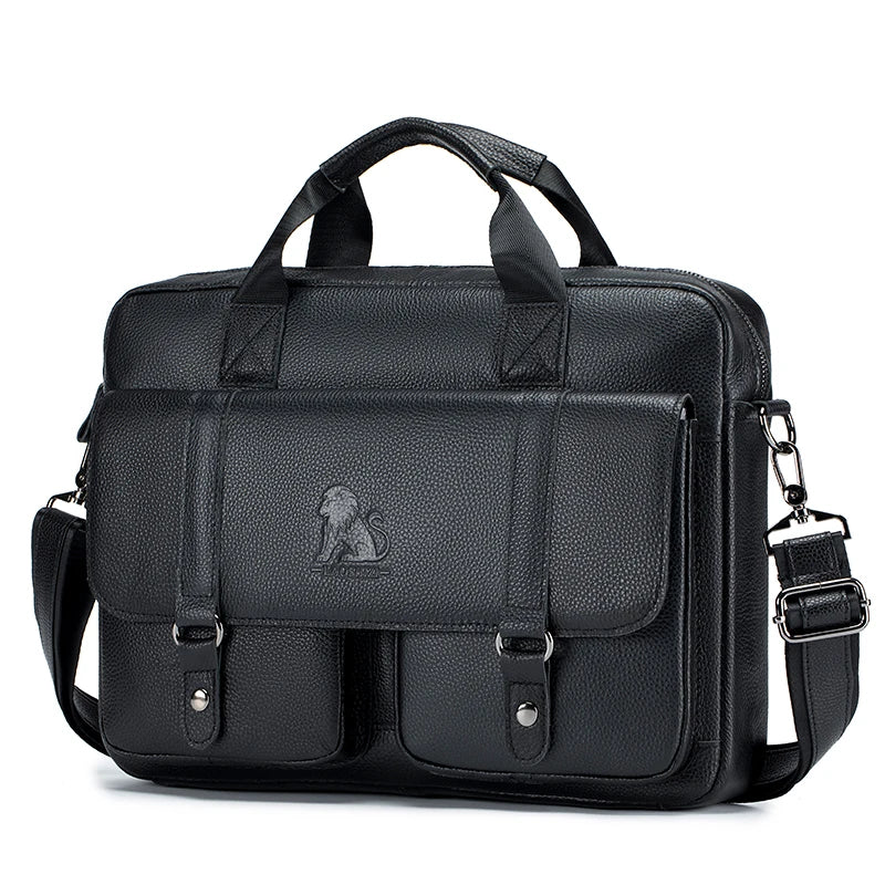 Genuine Leather Mens Briefcase - Large Capacity Computer Bag with Double Front Pockets - ZOOMNSTORE
