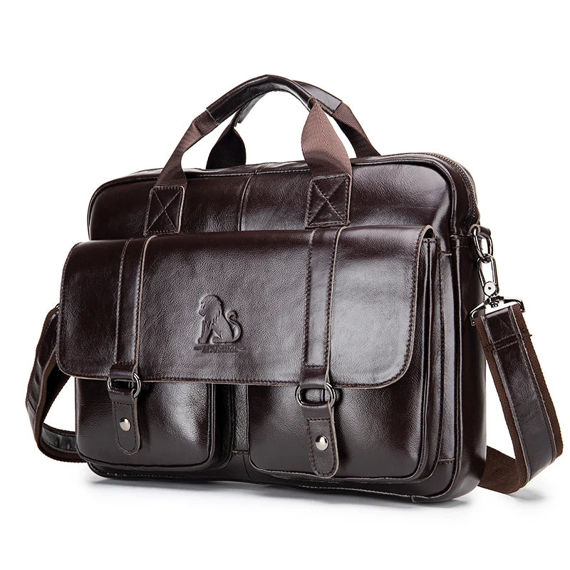 Genuine Leather Mens Briefcase - Large Capacity Computer Bag with Double Front Pockets - ZOOMNSTORE